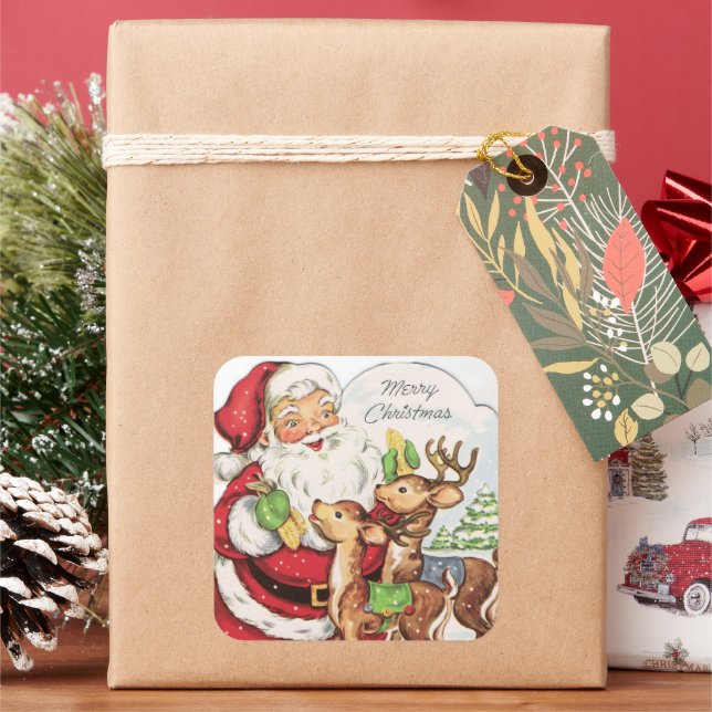 retro vintage Christmas Santa reindeer Holiday Square Sticker (Holiday)
