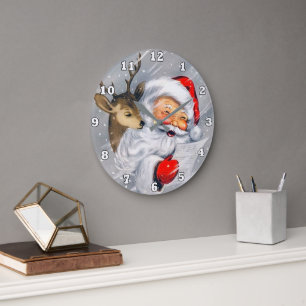 Retro vintage Christmas Santa reindeer Large Clock
