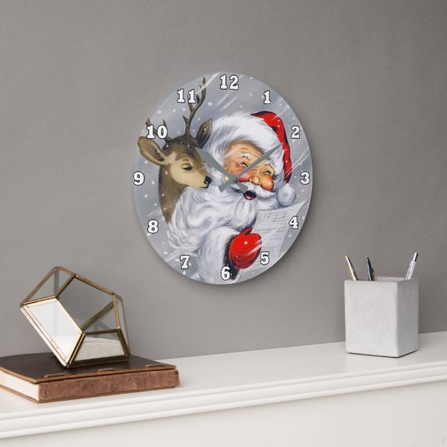 Retro vintage Christmas Santa reindeer Large Clock (Office)
