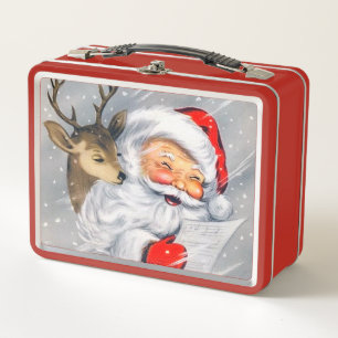 Retro vintage Christmas Santa reindeer lunch box