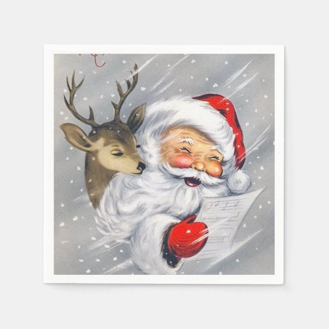 Retro vintage Christmas Santa reindeer party Napkin (Front)