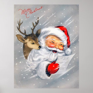 Retro vintage Christmas Santa reindeer poster