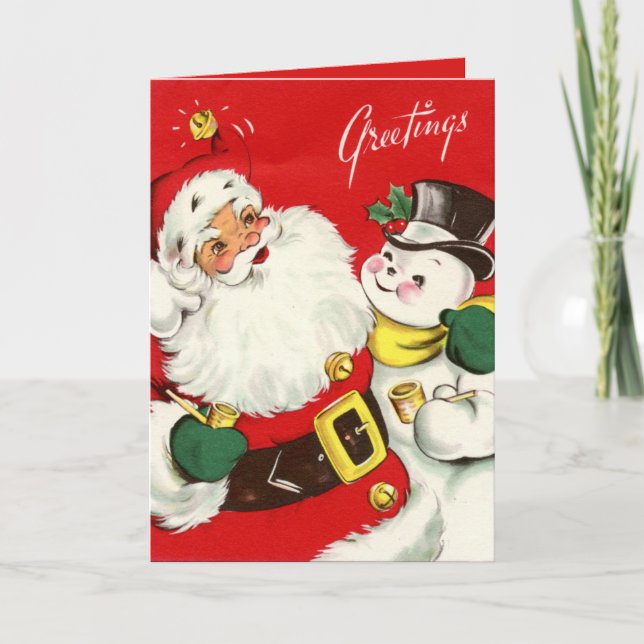 retro vintage Christmas Santa snowman Holiday Card (Front)