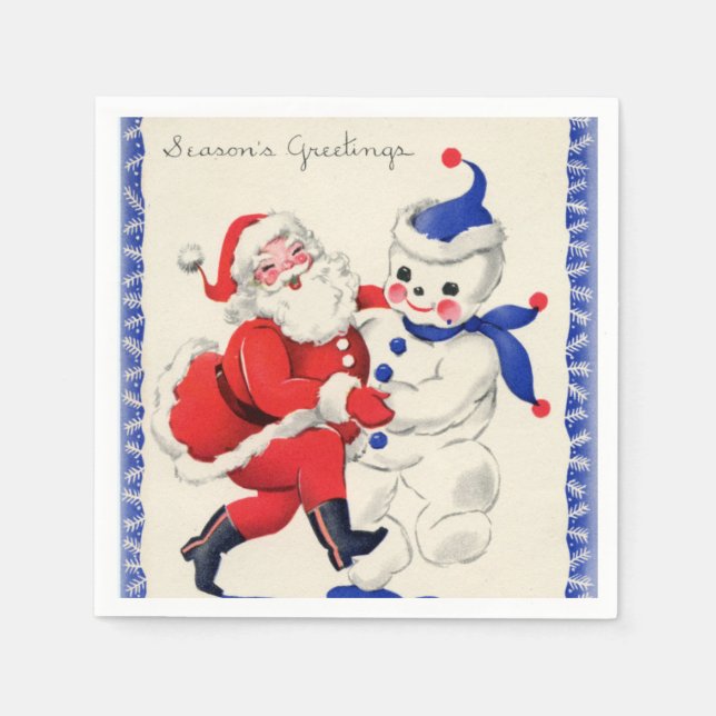 retro vintage Christmas Santa snowman Holiday Napkin (Front)
