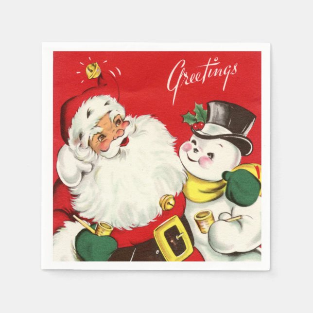 retro vintage Christmas Santa snowman Holiday Napkin (Front)