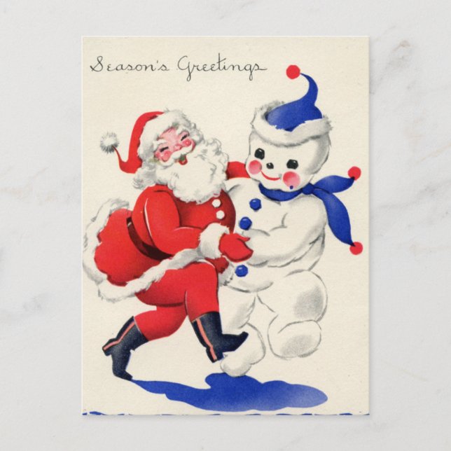 retro vintage Christmas Santa snowman  Holiday Postcard (Front)