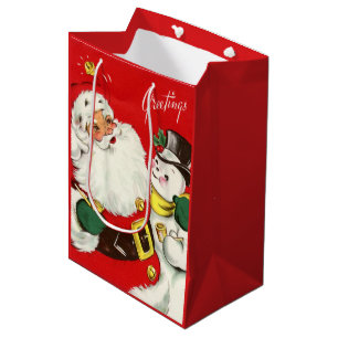 retro vintage Christmas Santa snowman  Medium Gift Bag