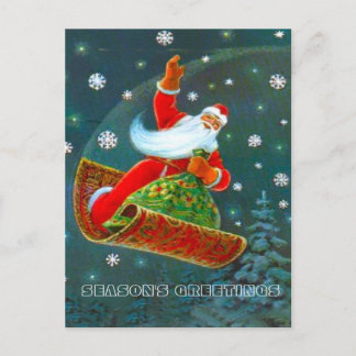Retro Vintage Christmas, Santa's magic carpet Holiday Postcard