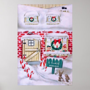 Retro vintage Christmas Santa's workshop poster