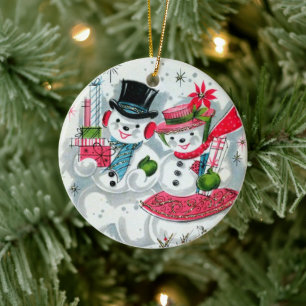 retro vintage Christmas snow couple add sentiment Ceramic Tree Decoration