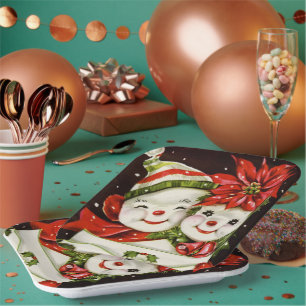 retro vintage Christmas snow couple Holiday Paper Plate