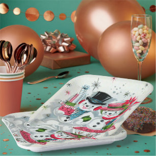 retro vintage Christmas snow couple Holiday Paper Plate