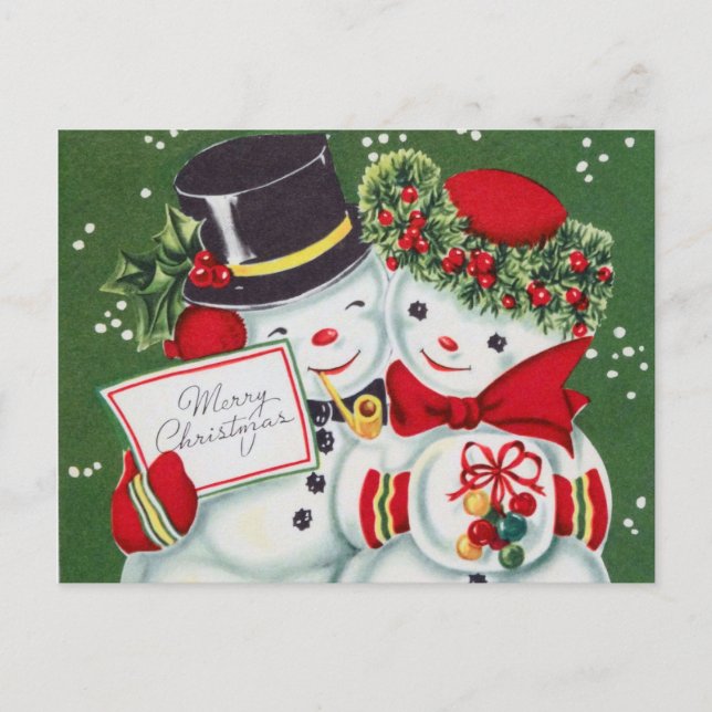 retro vintage Christmas snow couple  Holiday Postcard (Front)