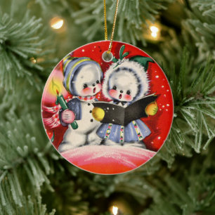 retro vintage Christmas snow kids Holiday Ceramic Tree Decoration