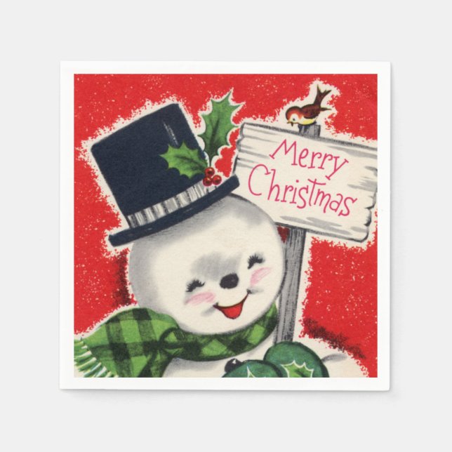 Retro vintage Christmas snowman Holiday Napkin (Front)