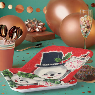 retro vintage Christmas snowman Holiday party Paper Plate