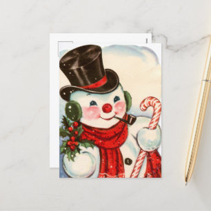retro vintage Christmas snowman  Holiday Postcard