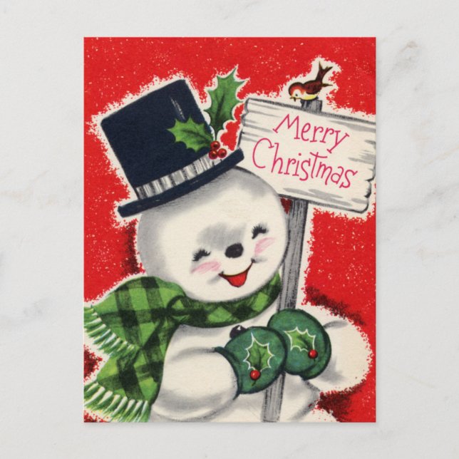 Retro vintage Christmas snowman Holiday postcard (Front)