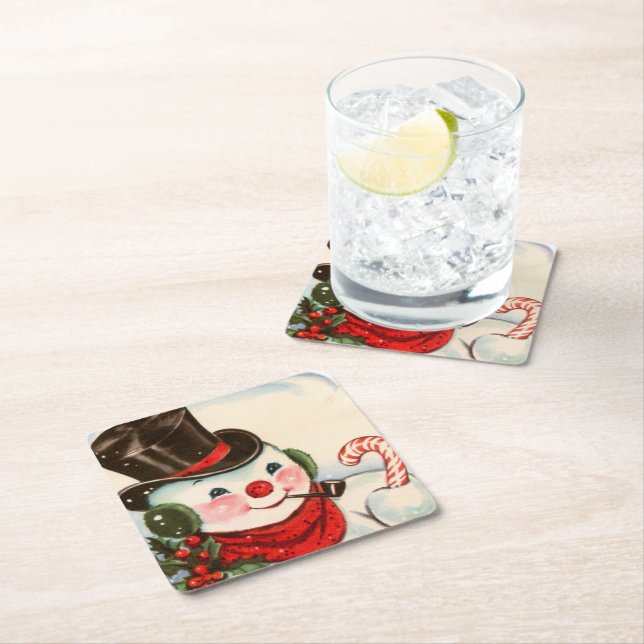 retro vintage Christmas snowman Holiday Square Paper Coaster (Insitu)