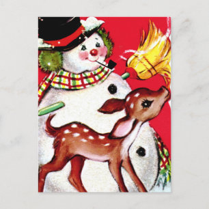 retro vintage Christmas snowman reindeer  Holiday Postcard