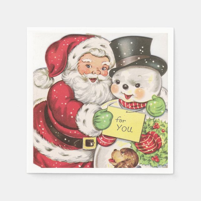 retro vintage Christmas snowman Santa Holiday  Napkin (Front)