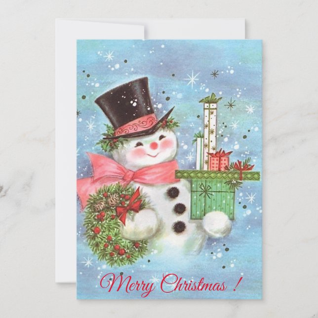 Retro Vintage Christmas Snowman With Gifts Holiday Card (Front)
