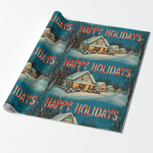 Retro Vintage Christmas: Snowy Village Scene 3 Wrapping Paper