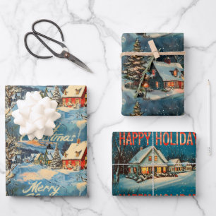 Retro Vintage Christmas: Snowy Village Scenes Wrapping Paper Sheet