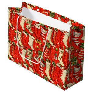 Retro Vintage Christmas Stockings Red Large Gift Bag