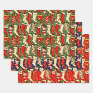 Retro Vintage Christmas Stockings Tri-Colour Wrapping Paper Sheet