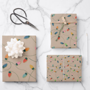 Retro Vintage Christmas String Lights On Kraft Wrapping Paper Sheet