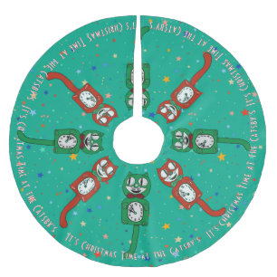 Retro Vintage Christmas Time Cat Clock Custom Brushed Polyester Tree Skirt