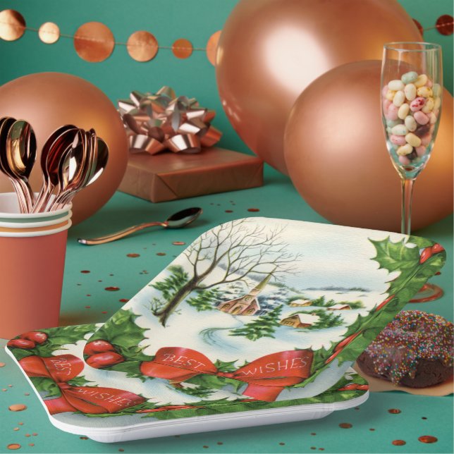 retro vintage Christmas town Holiday party Paper Plate (Multi)