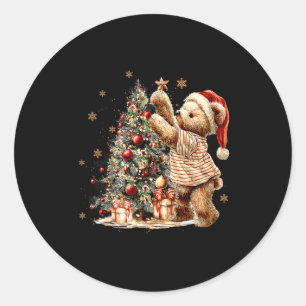 Retro Vintage Christmas Tree And Teddy Bear Holida Classic Round Sticker