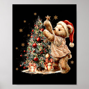 Retro Vintage Christmas Tree And Teddy Bear Holida Poster