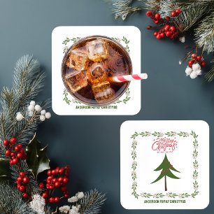 Retro Vintage Christmas Tree and Wreath Minimalist Coaster