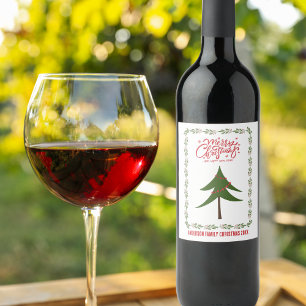 Retro Vintage Christmas Tree and Wreath Minimalist Wine Label