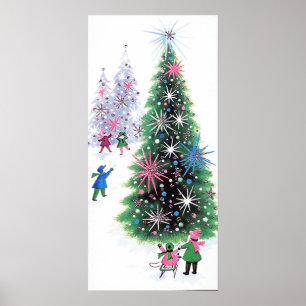 Retro vintage Christmas tree Holiday poster