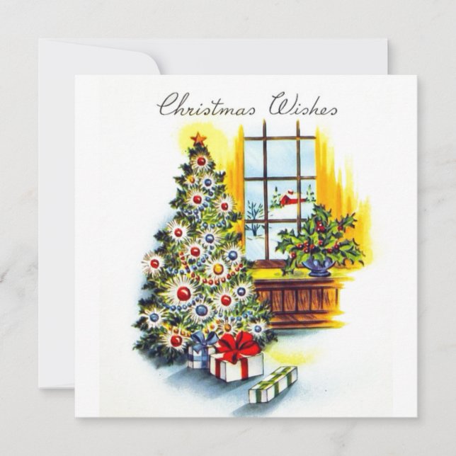 Retro Vintage Christmas Tree Wishes Holiday Card (Front)