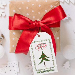 Retro Vintage Christmas Tree & Wreath Family Name Gift Tags