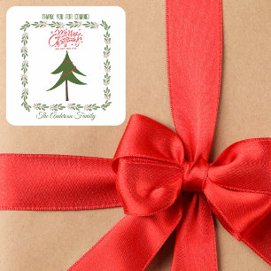 Retro Vintage Christmas Tree & Wreath Family Name Square Sticker