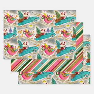 Retro Vintage Christmas Trio Style H2 Wrapping Paper Sheet
