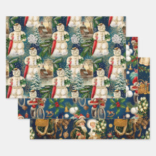 Retro Vintage Christmas Trio Style H2 Wrapping Paper Sheet