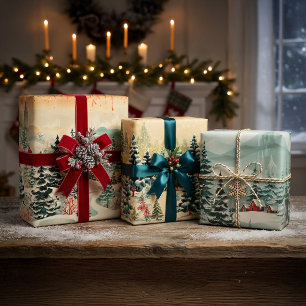 Retro Vintage Christmas Trio Style J Wrapping Paper Sheet