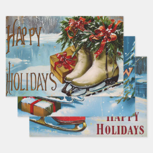Retro Vintage Christmas Trio Style R  Wrapping Paper Sheet