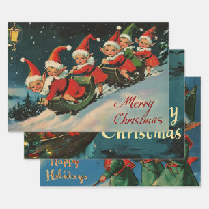 Retro Vintage Christmas Trio Style T Wrapping Paper Sheet