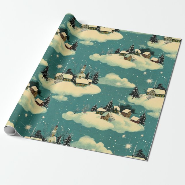 Retro Vintage Christmas:  Whimsical Winter Scene  Wrapping Paper (Unrolled)
