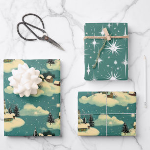 Retro Vintage Christmas: Whimsical Winter Scene Wrapping Paper Sheet