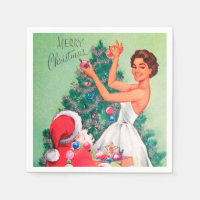 Retro Vintage Christmas woman Santa party napkins