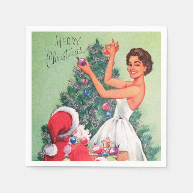 Retro Vintage Christmas woman Santa party napkins (Front)